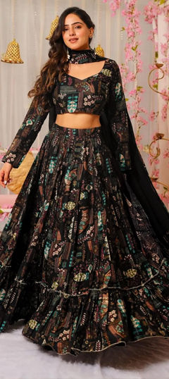 Black and Grey color Ready to Wear Lehenga in Chinon Silk fabric with Digital Print work