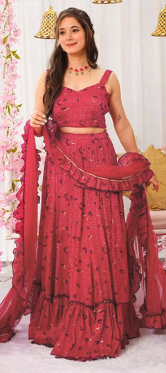Red and Maroon color Ready to Wear Lehenga in Chinon Silk fabric with Digital Print work