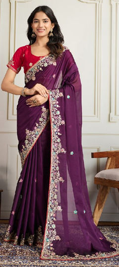 Purple and Violet color Saree in Art Silk fabric with Embroidered, Sequence work