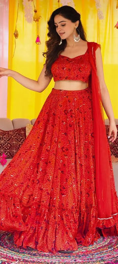 Orange color Ready to Wear Lehenga in Chinon Silk fabric with Bandhej, Digital Print work