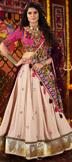 Beige and Brown color Ready to Wear Lehenga in Cotton, Viscose fabric with Mirror, Thread work