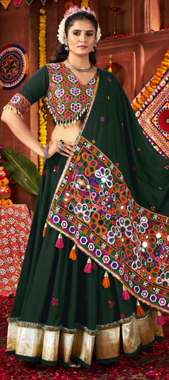 Green color Ready to Wear Lehenga in Cotton, Viscose fabric with Mirror, Thread work
