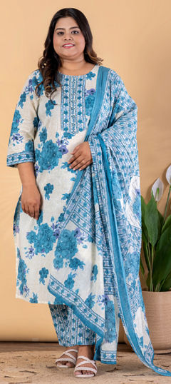 Blue, White and Off White color Salwar Kameez in Poly cotton fabric with Embroidered, Floral, Printed work