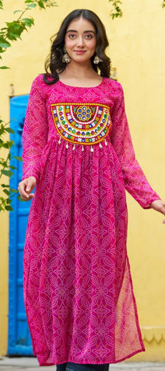 Pink and Majenta color Kurti in Faux Georgette fabric with Bandhej, Embroidered, Patch work