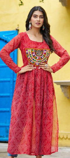 Red and Maroon color Kurti in Faux Georgette fabric with Bandhej, Embroidered, Patch work