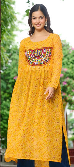 Yellow color Kurti in Faux Georgette fabric with Bandhej, Embroidered, Patch work