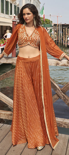 Beige and Brown color Salwar Kameez in Viscose fabric with Embroidered, Thread work