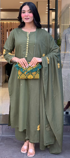 Black and Grey color Salwar Kameez in Chanderi Silk fabric with Embroidered work