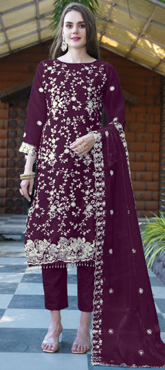 Red and Maroon color Salwar Kameez in Organza Silk fabric with Embroidered, Sequence work