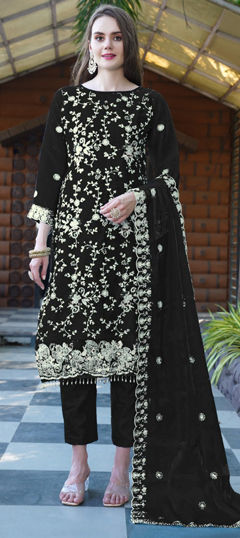 Black and Grey color Salwar Kameez in Organza Silk fabric with Embroidered, Sequence work