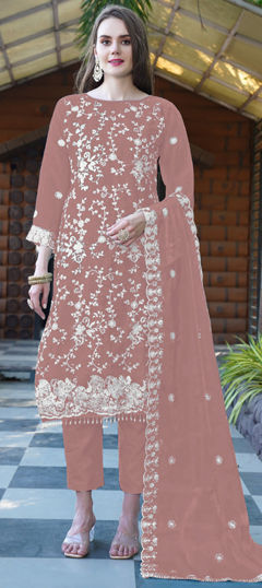 Pink and Majenta color Salwar Kameez in Organza Silk fabric with Embroidered, Sequence work