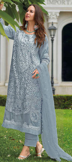 Black and Grey color Salwar Kameez in Organza Silk fabric with Embroidered, Moti, Sequence work
