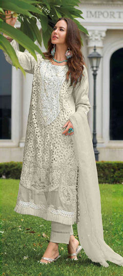White and Off White color Salwar Kameez in Organza Silk fabric with Embroidered, Moti, Sequence work