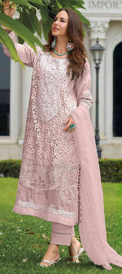 Pink and Majenta color Salwar Kameez in Organza Silk fabric with Embroidered, Moti, Sequence work