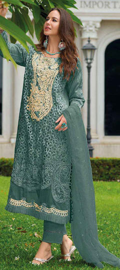 Green color Salwar Kameez in Organza Silk fabric with Embroidered, Moti, Sequence work