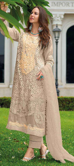 Beige and Brown color Salwar Kameez in Organza Silk fabric with Embroidered, Moti, Sequence work