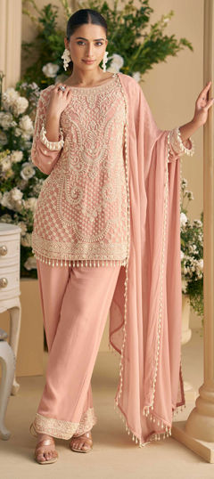 Pink and Majenta color Salwar Kameez in Georgette fabric with Bugle Beads, Embroidered, Stone work