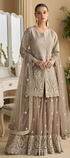 Black and Grey color Salwar Kameez in Georgette fabric with Bugle Beads, Embroidered, Stone work