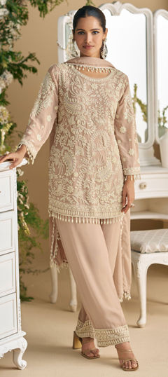 Purple and Violet color Salwar Kameez in Georgette fabric with Bugle Beads, Embroidered, Stone work