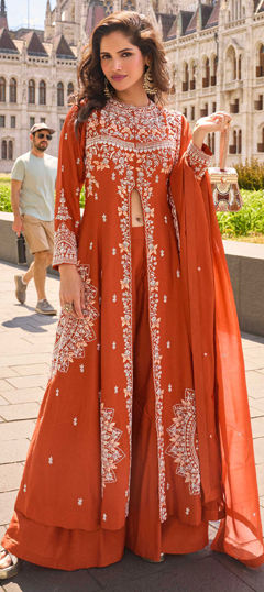 Orange color Salwar Kameez in Silk fabric with Embroidered, Sequence, Stone work