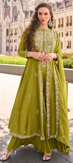 Green color Salwar Kameez in Silk fabric with Embroidered, Sequence, Stone work