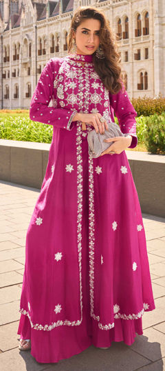 Pink and Majenta color Salwar Kameez in Silk fabric with Embroidered, Mirror, Sequence, Stone work
