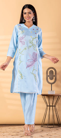 Blue color Salwar Kameez in Roman Silk fabric with Embroidered, Lace work