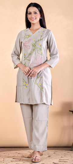 Black and Grey color Salwar Kameez in Roman Silk fabric with Embroidered, Lace work