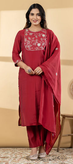 Red and Maroon color Salwar Kameez in Mul Chanderi fabric with Embroidered work