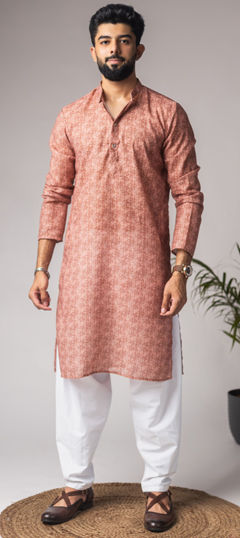 Beige and Brown color Kurta Pyjamas in Blended, Linen fabric with Printed work