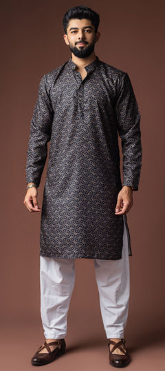 Black and Grey color Kurta Pyjamas in Blended, Linen fabric with Printed work