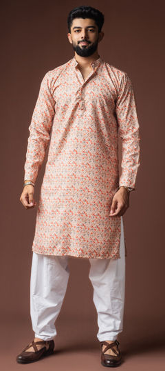 Pink and Majenta color Kurta Pyjamas in Blended, Linen fabric with Printed work