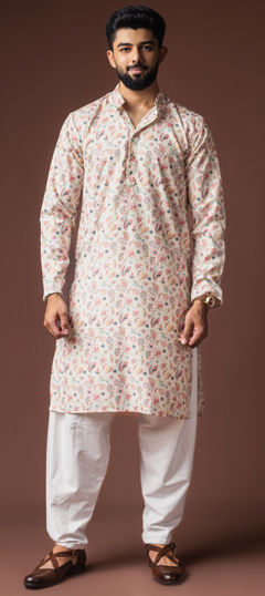 White and Off White color Kurta Pyjamas in Blended, Linen fabric with Printed work