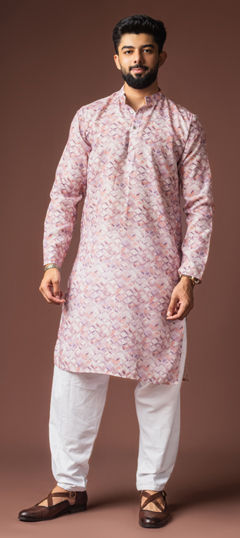 Pink and Majenta color Kurta Pyjamas in Blended, Linen fabric with Printed work