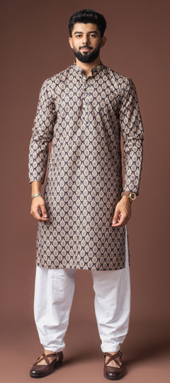 Black and Grey color Kurta Pyjamas in Blended, Linen fabric with Printed work