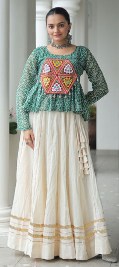 Green color Long Lehenga Choli in Cotton fabric with Bandhej, Gota Patti, Lace, Patch, Printed work