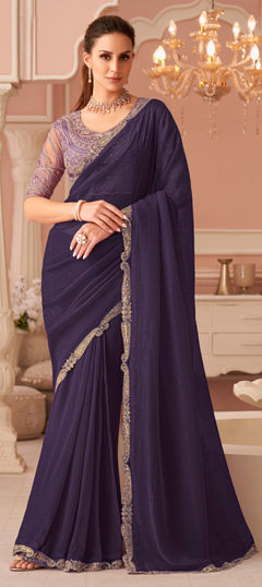 Purple and Violet color Saree in Georgette fabric with Embroidered, Lace work
