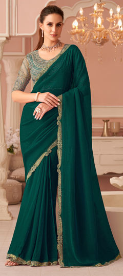 Green color Saree in Georgette fabric with Embroidered, Lace work