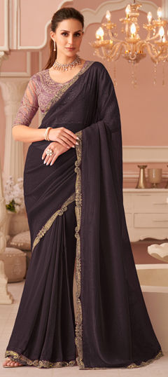 Purple and Violet color Saree in Georgette fabric with Embroidered, Lace work