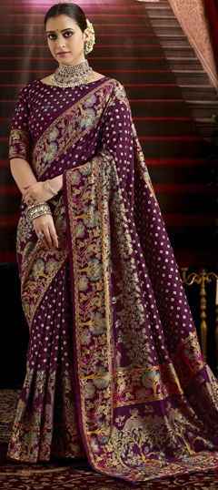 Purple and Violet color Saree in Tussar Silk fabric with Bandhej, Printed work