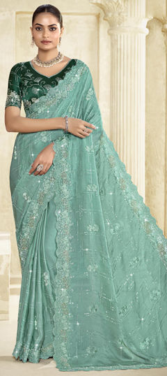 Green color Saree in Silk fabric with Embroidered, Sequence, Thread work