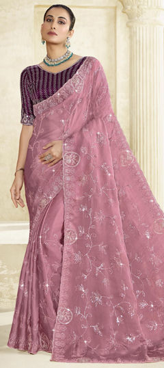 Pink and Majenta color Saree in Silk fabric with Embroidered, Sequence, Thread work
