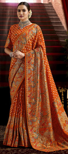 Orange color Saree in Tussar Silk fabric with Bandhej, Printed work