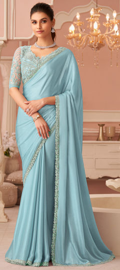 Blue color Saree in Chiffon fabric with Embroidered, Lace, Sequence work