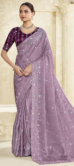 Purple and Violet color Saree in Silk fabric with Embroidered, Sequence, Thread work