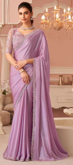 Purple and Violet color Saree in Chiffon fabric with Embroidered, Lace, Sequence work