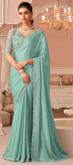 Green color Saree in Chiffon fabric with Embroidered, Lace, Sequence work