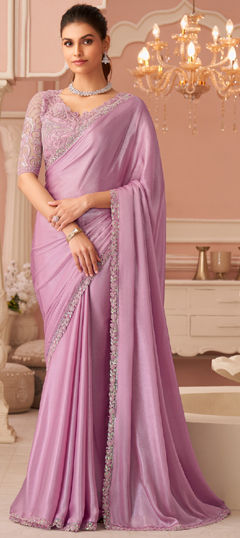 Pink and Majenta color Saree in Chiffon fabric with Embroidered, Lace, Sequence work