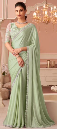 Green color Saree in Chiffon fabric with Embroidered, Lace, Sequence work
