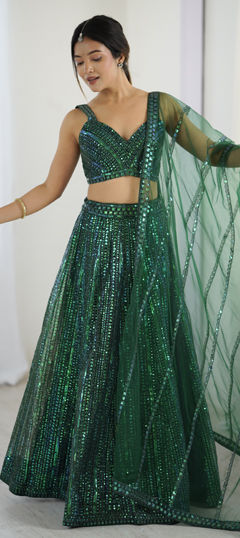 Green color Lehenga in Net fabric with Sequence work